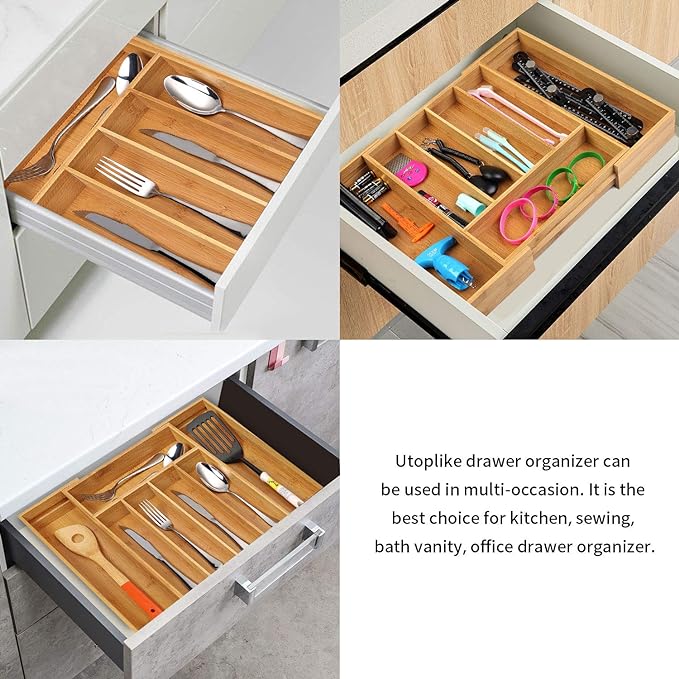 Utoplike Bamboo Expandable Kitchen Drawer Organizer and Bamboo Cutlery Tray - Image 9