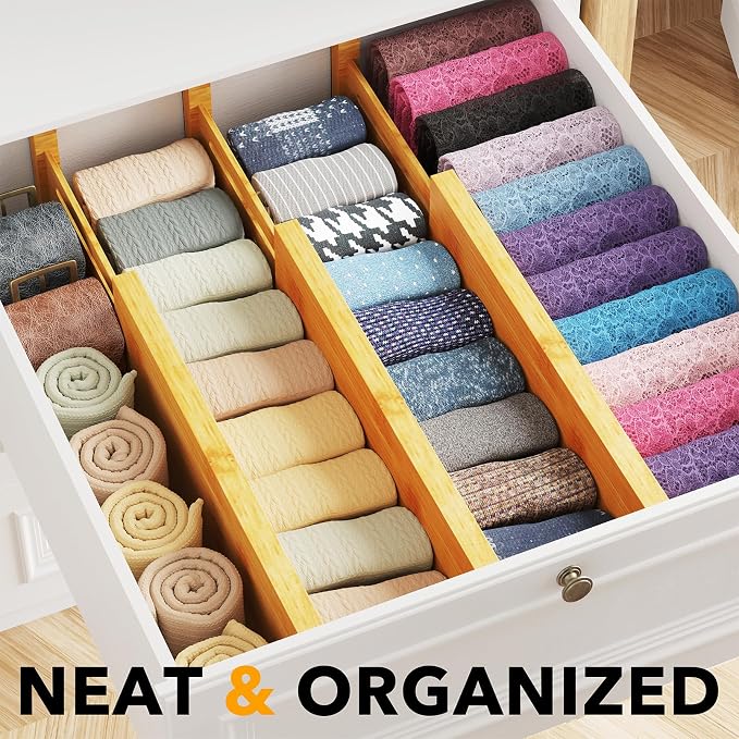 SpaceAid Bamboo Dresser Drawer Dividers 6 Pack, 4.65“ High Adjustable 12.5“-17” Drawer Organizers, Expandable Organization for Clothing, Clothes, Dressers, Natural - Image 2