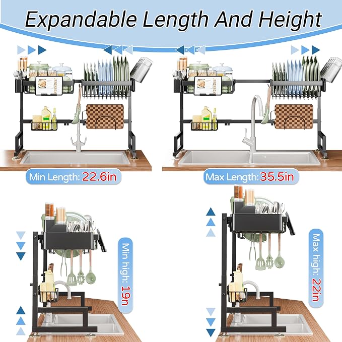 ADBIU Over The Sink Dish Drying Rack (Expandable Height and Length) Snap-On Design 2 Tier Large Dish Rack - Image 2