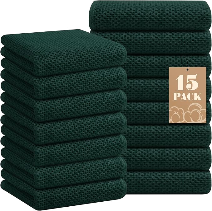 Homaxy 100% Cotton Waffle Weave Kitchen Towels, 15-Pack, Blackish Green | Ultra Soft Absorbent Dish Towels, Quick Drying Cleaning Towels, 13 x 28 Inches by Homaxy