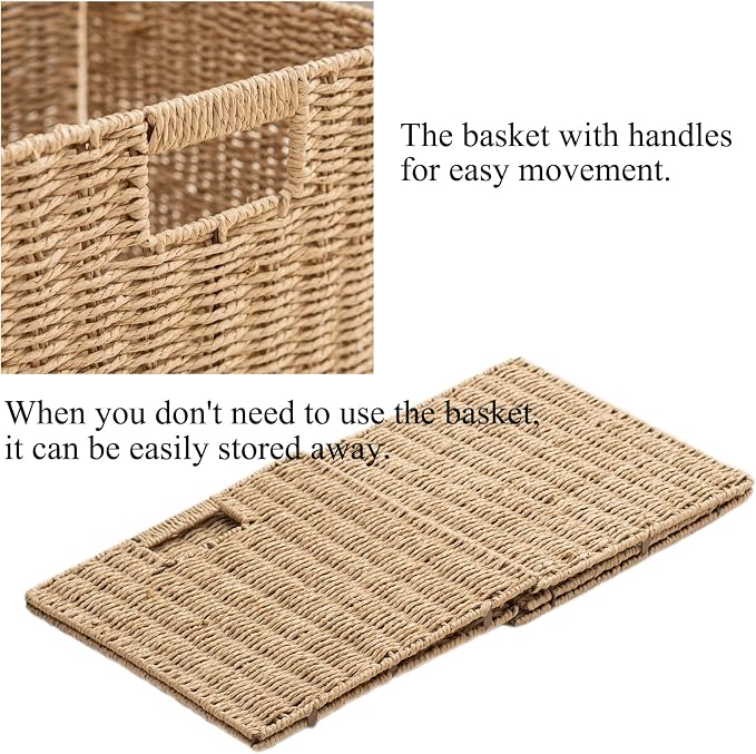 Handwoven Paper Woven Cube Basket Organizer with Handles set of 4 Foldable Storage baskets for Bedroom Living Room Cubby Storage Units for Clothes Books Toys (Natural, 13" L x 13" W x 13" H) - Image 7