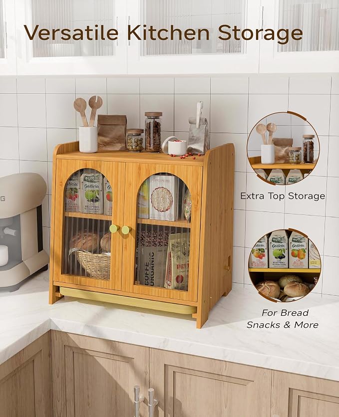 Bread Box for Kitchen Countertop, Large Double Layer Wooden Bread Storage Container with Acrylic Window, Adjustable Air Vents & Built-In Cutting Board, Pantry Organizer - Image 5