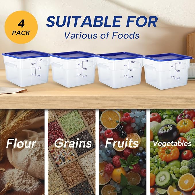4 Pack 12QT Square Food Storage Containers with Lids | Clear NSF polycarbonate containers with scale, label and measuring cup, stackable for prep, storage, freezer. Dishwasher safe - Image 6