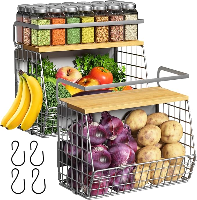 Magnetic Fridge Shelf with Wood Lid, Fruit Potato Onion Storage Bins, Pantry Organizers, Large Container Spice Rack for Refrigerator, Kitchen Counter, Cabinet (2, Silver) by Ofiray-home