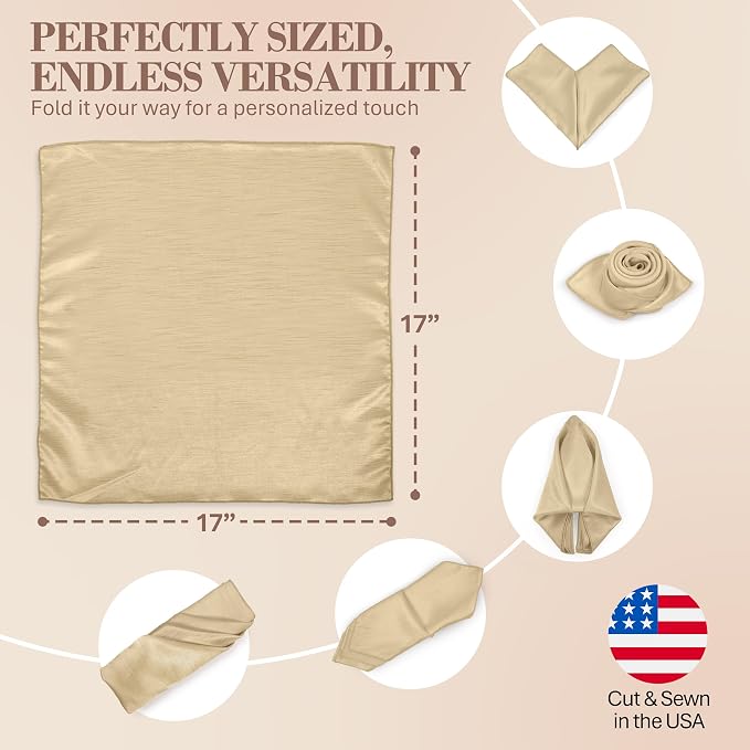 17 x 17-Inch Shantung Satin Cloth Napkins, Tan, Set of 120 | Bulk Case of 10 Dozen, Square, 100% Polyester Fabric, Reversible, Faux Dupioni Silk Reverse Side, Machine Washable, Beige - Image 7