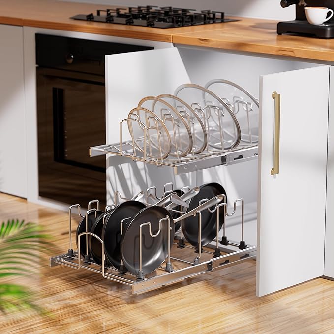 2-Tier Pots and Pans Organizer Under Cabinet Kitchen 15" W *22" D | Pull out Cabinet Organizer for Pots, Pans, and Lid Cookware, Adjustable Heavy Duty Wire Pan and Pot Rack, Full-Extension Rail - Image 8