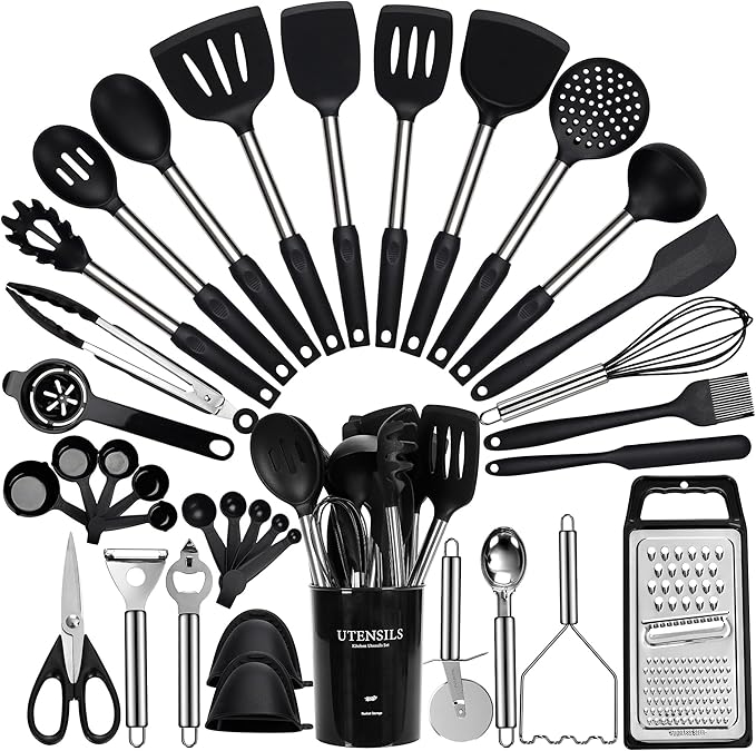 Fyvva 35 Pcs BPA Free Silicone Kitchen Utensils Set Stainless Steel Handles | Food Grade Silicone, Heat Resistant, Safe for Nonstick Cookware, Dishwasher Safe, Black with Holder, for Cooking & Baking by Fyvva