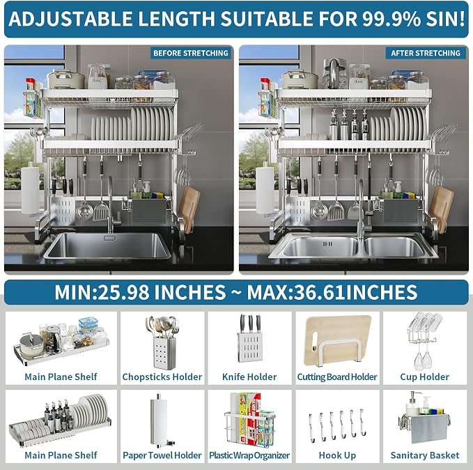 LIVOD Over The Sink Dish Drying Rack,3 Tier Adjustable Length Full Stainless Steel Large Storage Kitchen Dish Rack,for Kitchen Counter Expandable Multifunctional Organizers,Silver (25.5'' to 37.6'') - Image 3