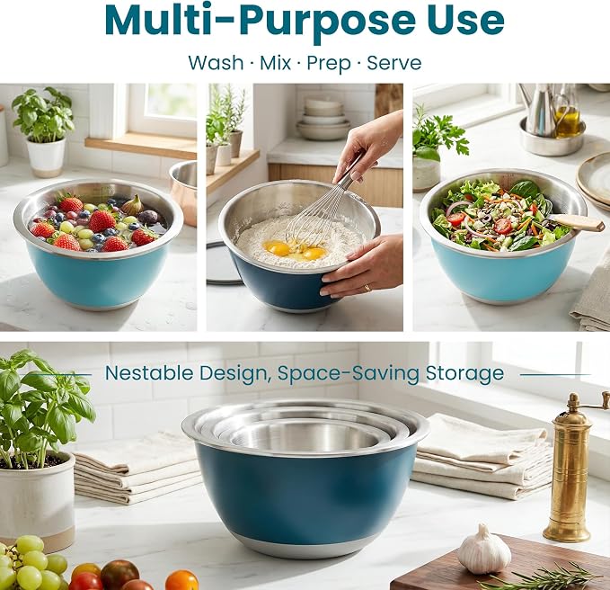 18/8 Stainless Steel Mixing Bowls Set with Lids,1.5,3 & 5 Qt,Blue | Non-Slip Silicone Base & Measurement Marks, Airtight Food Storage for Baking, Cooking & Meal Prep，Nesting Design - Image 5
