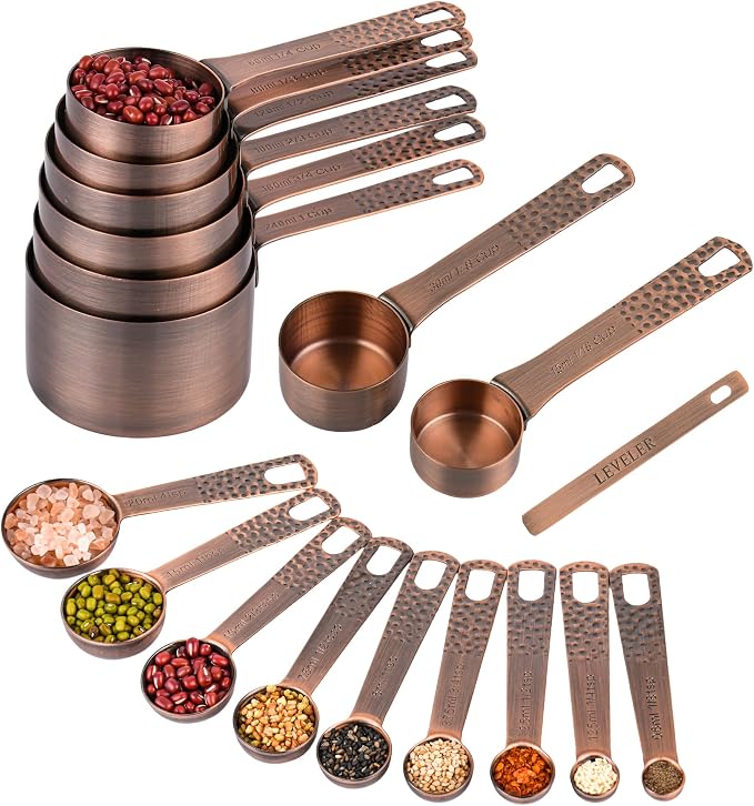 Copper Measuring Cups and Spoons Set 20 for Kitchen & Baking, Metric & US Stainless Steel Measuring Cups and Spoons with Leveler for Dry & Liquid, 8 Copper Plated Measure Cup & 9 Spoon by SUNMVEHOT