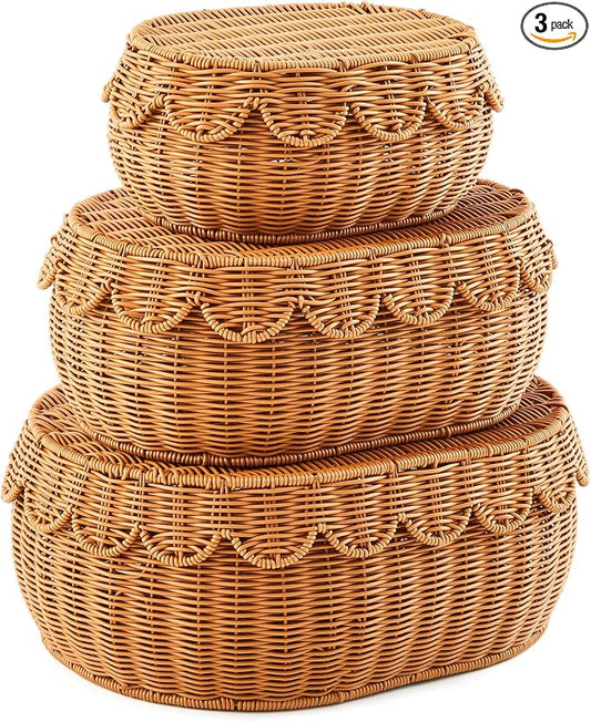 3 Pcs Scalloped Rattan Baskets, Baby Diaper Caddy, Imitation Woven Rattan Wicker Storage Baskets Plastic with Lid for Nursery Storage Organizer Bathroom Decor (Dark Brown,Small,Medium,Large) by Juexica