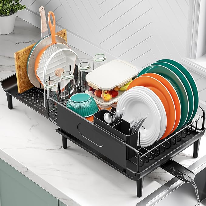 Urackify Expandable Dish Drying Rack with Drainboard for Kitchen Counter | Expands from 16.9 to 26.6 inches to fit more dishes, plates with fast drainage and flexible placement for any sink by Urackify