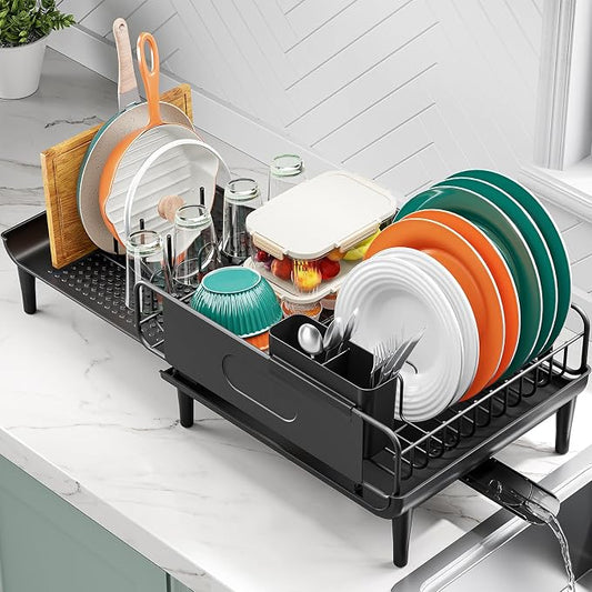 Urackify Expandable Dish Drying Rack with Drainboard for Kitchen Counter | Expands from 16.9 to 26.6 inches to fit more dishes, plates with fast drainage and flexible placement for any sink by Urackify