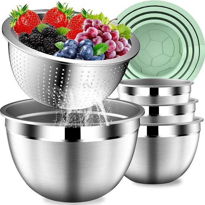 DUTZUN Mixing Bowls with Lids Set, Stainless Steel Mixing Bowl Set with Colander, Strainer with Bowls - Pistachio by DUTZUN