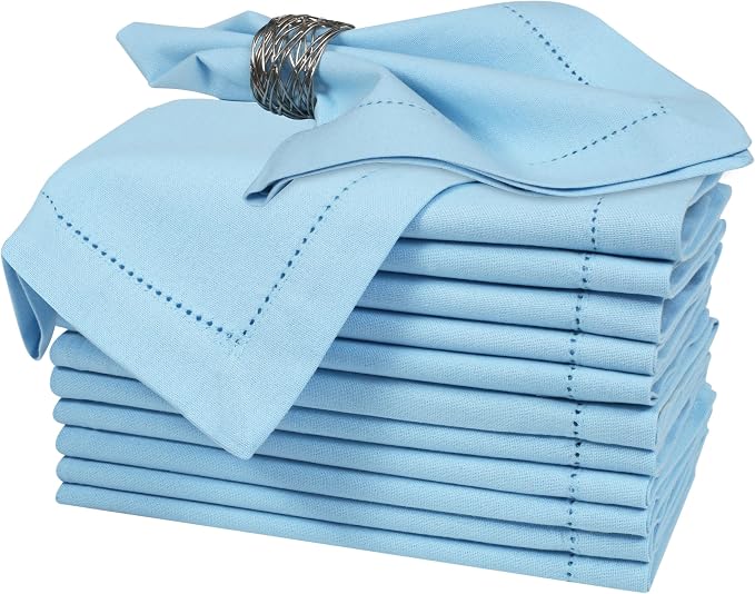 Bedding Craft Cloth Dinner Napkins Set of 12 – 18x18 Airy Blue Linen-Look Hemstitched – Soft Machine Washable Reusable Napkins for Weddings, Parties & Elegant Table Settings by BeddingCraft
