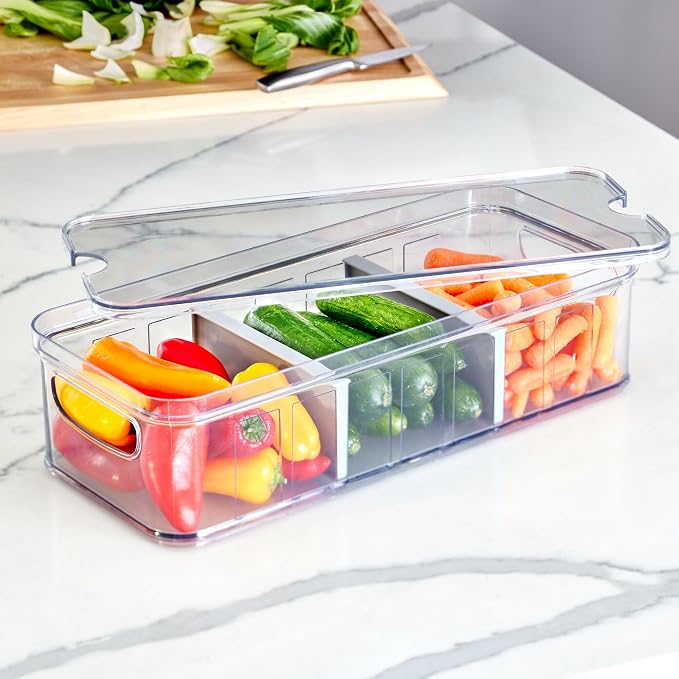 iDesign Large Fridge Organizer Bin, Clear/Gray, Set of 3 | Removable Divider, With Lid - Image 8