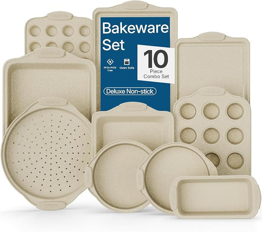 BAKKEN Kitchen Oven Baking Pans - Nonstick Gray Coating, Carbon Steel Bakeware Set with White Silicone Handles, Commercial Restaurant Quality Pans, PFOA, PFOS, PTFE Free, Oven Safe (450° F), Set of 10 by BAKK%C3%8BNMASTER