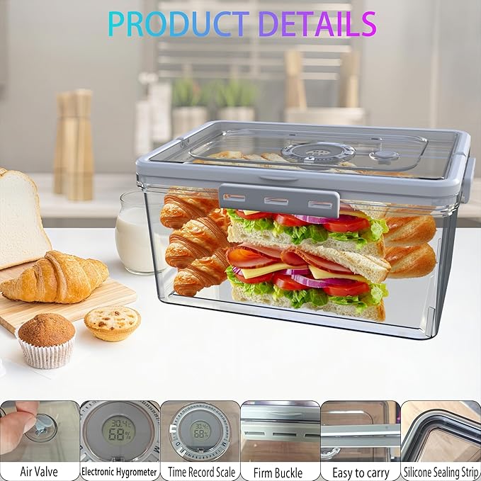 Bread Box With Digital Hygrometer, Portable Bread Boxes with Lid and Handle,New Upgrade Time Recording Bread Storage Container for Homemade Breads,Toast, Bagel, Donut and Cookies,Gifts for Mom Dad - Image 3