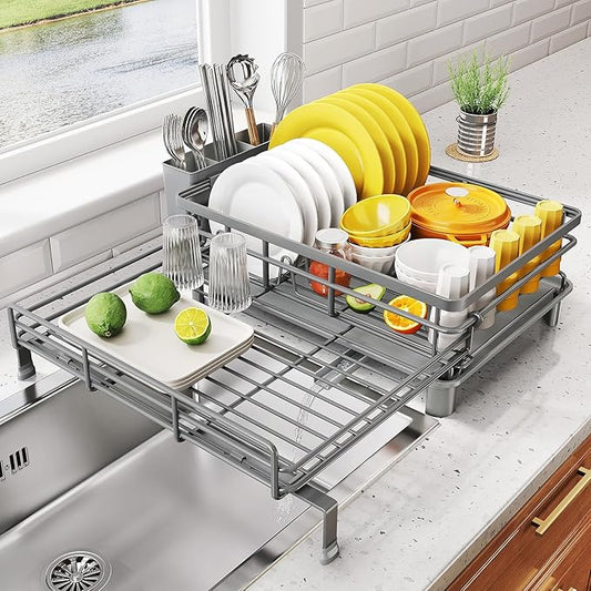 SNTD Expandable Dish Drying Rack for Kitchen Counter, Stainless Steel, Grey | Foldable Over Sink, Large Capacity, Adjust to Fit Most Sinks, Angled Drainboard, Removable Utensil Holder, Slip Resistant by SNTD