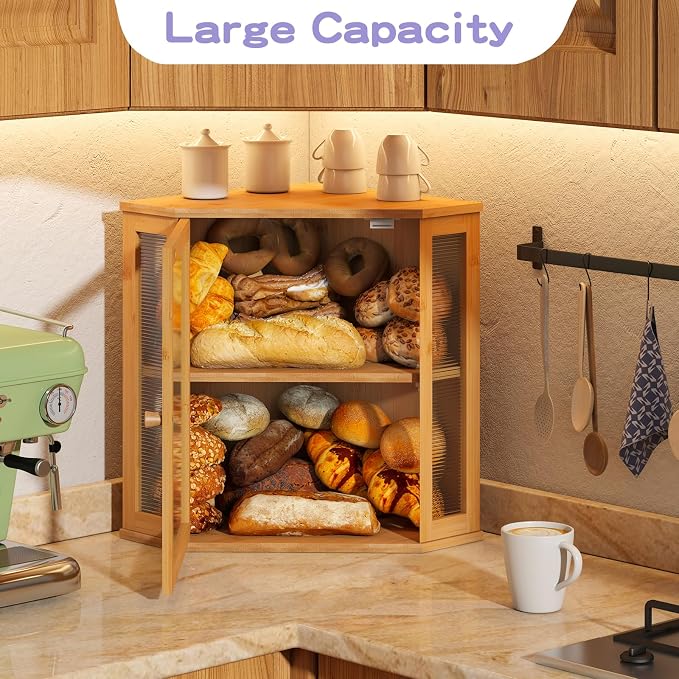 Corner Bread box for Kitchen Countertop,Farmhouse Bread Box with Acrylic Wavy Door Panel,Large Bread box for kitchen countertop,Food Storage Container (Natural, Extra Large) - Image 5