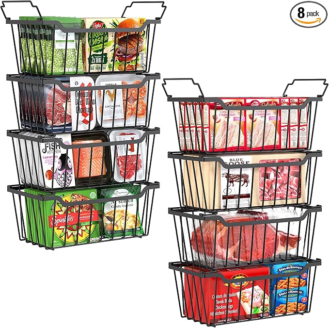SUNALLY Freezer Organizer Bins, 8 Pack Stackable Pantry Storage Bins, Black | Chest Freezer Organizer for 5-7 Cu.FT Deep Freezer to Sort Frozen Meats & Food, Wire Baskets for Pantry Organizers & Storage by SUNALLY