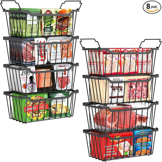 SUNALLY Freezer Organizer Bins, 8 Pack Stackable Pantry Storage Bins, Black | Chest Freezer Organizer for 5-7 Cu.FT Deep Freezer to Sort Frozen Meats & Food, Wire Baskets for Pantry Organizers & Storage by SUNALLY
