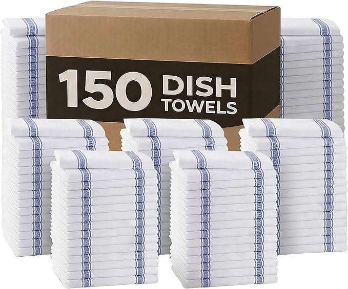 Dish Towels 150 Pack Blue Stripe 100% Cotton Kitchen Towel 15x25 Inch Tea Towels, Dish Cloths for Washing Dishes, Kitchen Rags for Drying Dishes by Avalon+Kitchen