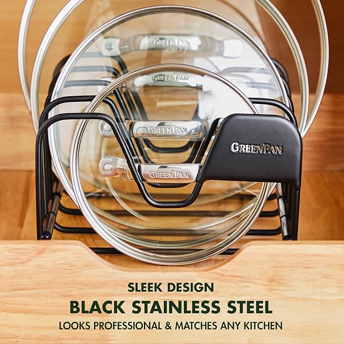 GreenPan Stainless Steel Wire Pots and Pans Lid Storage Rack, Holds 4 Lid Covers, Easy Storage, Countertop or Cabinent Organizer, Minimizes Clutter, Fast Drying, Wipes Clean, Black - Image 2