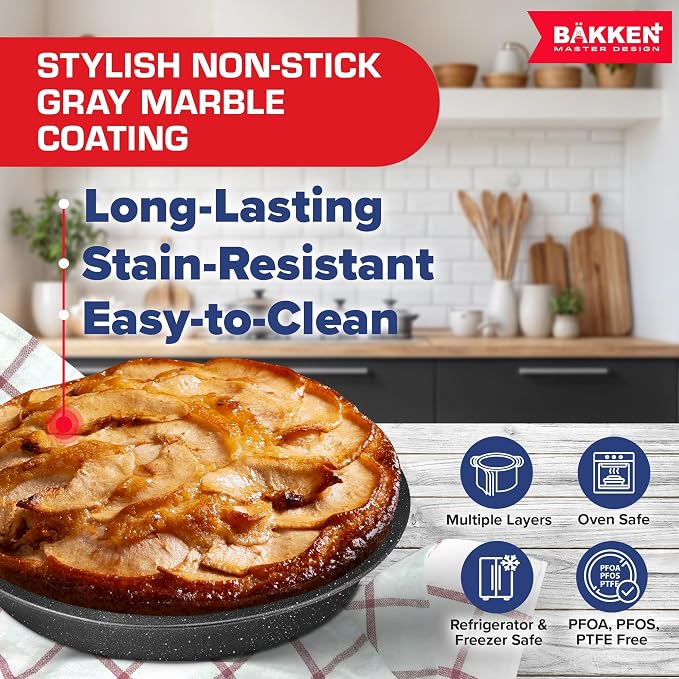 BAKKEN 10-Piece Kitchen Baking Pan Set - Commercial Grade Carbon Steel Bakeware, With Nonstick Coating, Stackable and Space-saving Design, PFOA, PFOS, PTFE Free, Oven Safe (Up To 450°F), Gray Marble - Image 4