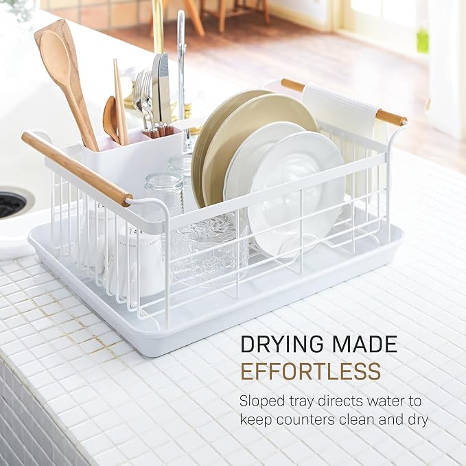 YAMAZAKI Home Dish Drying Rack – Modern White Dish Rack for Kitchen Counter with Removable Drying Tray and Cutlery Holder, Steel + Wood Dish Drying Organizer - Steel + Wood - | Modern dish drying rack organizer with steel and wood construction. Small s... - Image 5