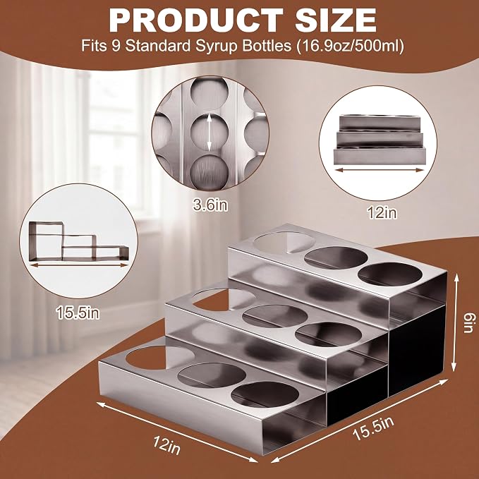 Novabright 3 Tier Coffee Syrup Rack Organizer, Stainless Steel Syrup Bottle Holder for Coffee Bar, 9 Bottle Commercial Rack for Cafe Countertop, Cafe Station Storage Organizer, 15.5" D x 12" W x 6" H - Image 4