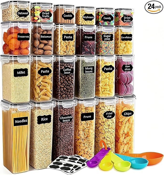 24pcs Airtight Containers, Clear Stackable Dry Food Storage | clear airtight containers with tight lids keep dry food fresh. Safe plastic, stackable for pantry kitchen storage by stusgo