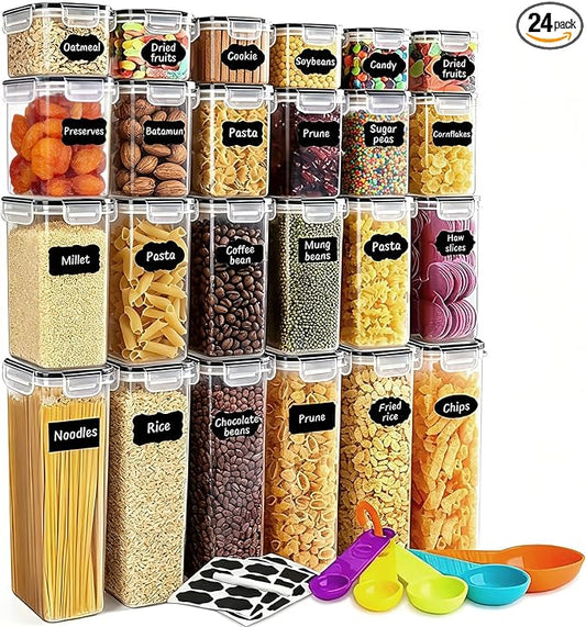 24pcs Airtight Containers, Clear Stackable Dry Food Storage | clear airtight containers with tight lids keep dry food fresh. Safe plastic, stackable for pantry kitchen storage by stusgo