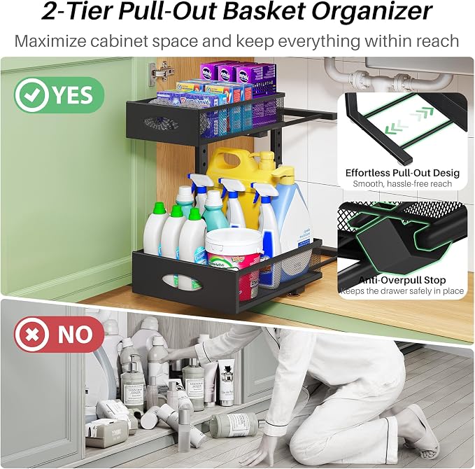 Under Sink Organizer, 1-Pack Pull Out Cabinet Organizer 2 Tier Metal Slide Out Storage Shelf Rack, L-Shaped Adjustable Height,Mesh Sliding Drawer for Kitchen, Bathroom, Laundry, Pantry, Black, XL - Image 4