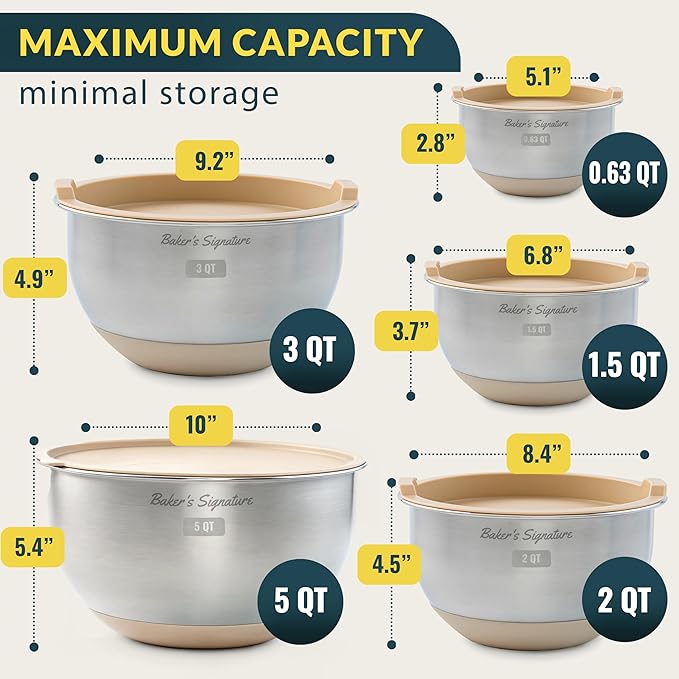 Baker's Signature Stainless Steel Mixing Bowls with Lids Set, 5 Sizes | 3 Graters, Non-Slip Base, Airtight Metal for Kitchen, Food Prep, Storage, 0.63QT-5QT, Khaki - Image 2