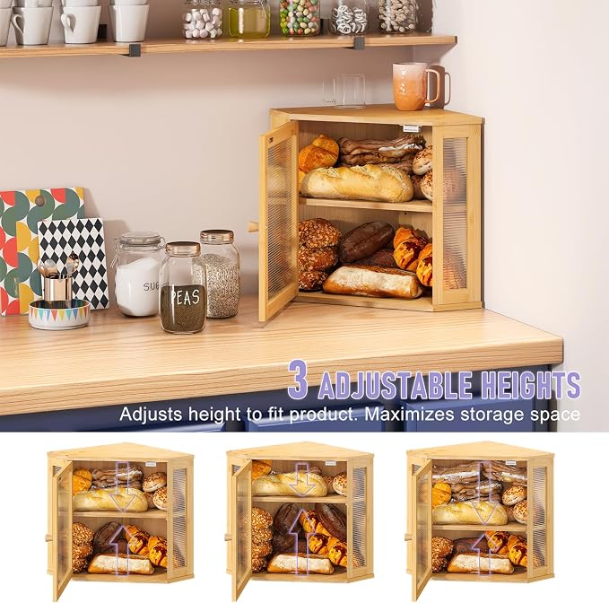 Corner Bread box for Kitchen Countertop,Farmhouse Bread Box with Acrylic Wavy Door Panel,Large Bread box for kitchen countertop,Kitchen Countertop Food Storage Container (Natural, Meduim) - Image 6