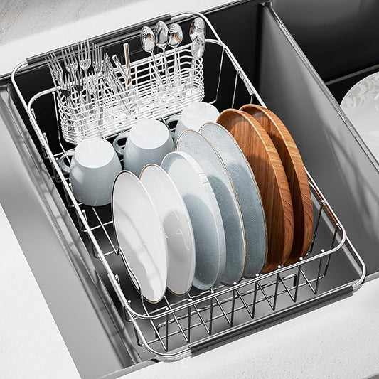 JAQ Over Sink Dish Drying Rack, Expandable 14.96"–22.44" Adjustable Dish Rack for Kitchen Sink, 304 Stainless Steel Dish Drainer with Utensil Holder, Space Saving for Most Standard Kitchen Sinks by JAQ-BuyNow