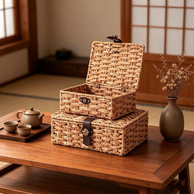 Water Hyacinth Wicker Storage Box with Lid （Large） | Hand woven decorative storage basket for shelf coffee table console home decor - Image 8