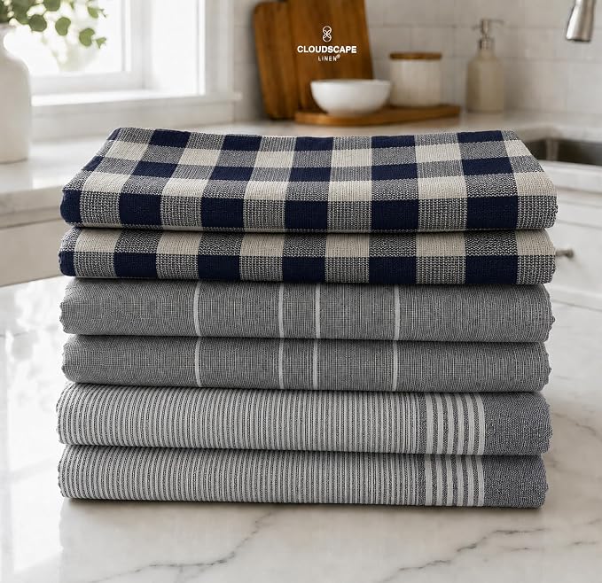 CSL Premium Kitchen Towels Set of 6,Highly Absorbent,Quick Dry,18x28,Indigo by CloudScapeLinen