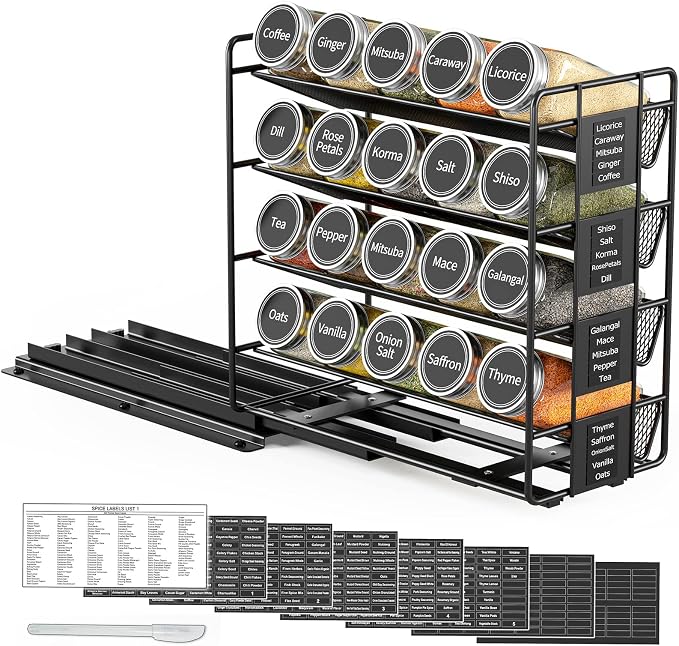 SpaceAid Pull Out Spice Rack Organizer with 20 Jars, Heavy Duty Slide Out Seasoning Organizer for Kitchen Cabinets, with 801 Labels and Chalk Marker, Left Facing - Image 5