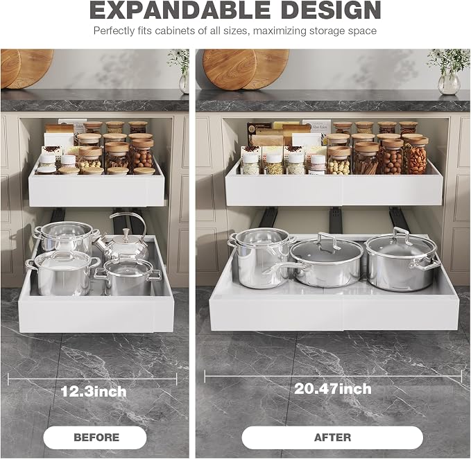 Seinloes 2 Pack Pull Out Cabinet Organizer 19" Deep,Full Extension 3 Slide Rails Slide Out Drawers With Raising Pad for Framed Cabinets,Expandable Width (12.3"-20.5"),No Drill Roll Out shelf,White - Image 8