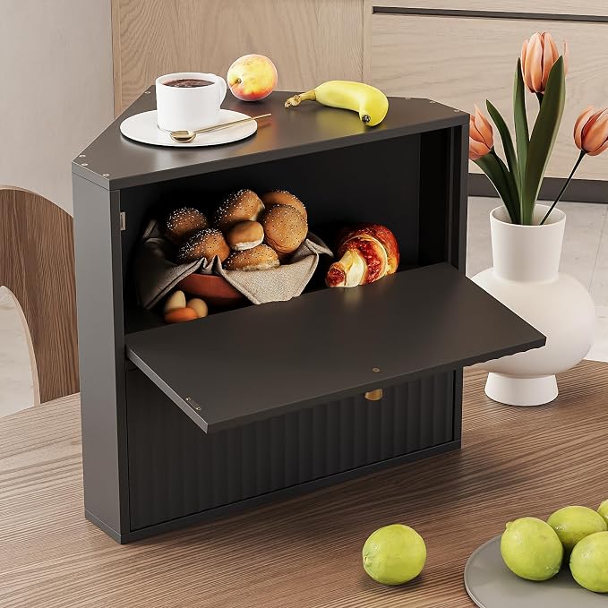Trironsun Corner Bread Box for Kitchen Countertop Bamboo Two Layer Large Capacity Bread Storage Bin Vintage Storage for Homemade Bread (Black) - Image 6