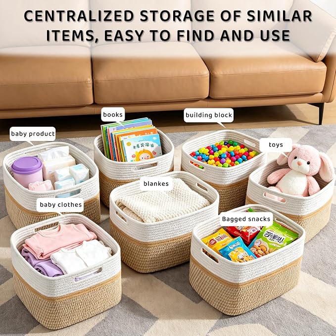 4 Pack Storage Baskets for Organizing, 11''Lx9''Wx8''H Woven Baskets for Storage Toys, Towels, Books, and Clothes, Cotton Rope Basket for Shelves with Handle - Image 6