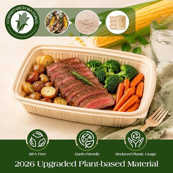 100 Piece (50 Pack) Meal Prep Containers with Lids,32 oz Resuable Cornstarch Material Salad Containers, Plant-based Lunch Boxes, Plastic Take Out Bowls BPA Free, Microwave Freezer Safe, Stackable - Image 3