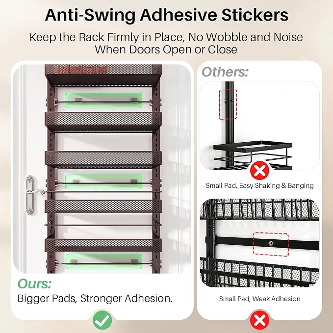 SNTD 8 Tiers Over the Door Organizer, 17" W x 6" D x 69" H, Bronze | Pantry Door Organizers and Storage, Height Adjustable Spice Rack, Dense Mesh Baskets, Anti-Swing, Adjustable Door Fastener - Image 6