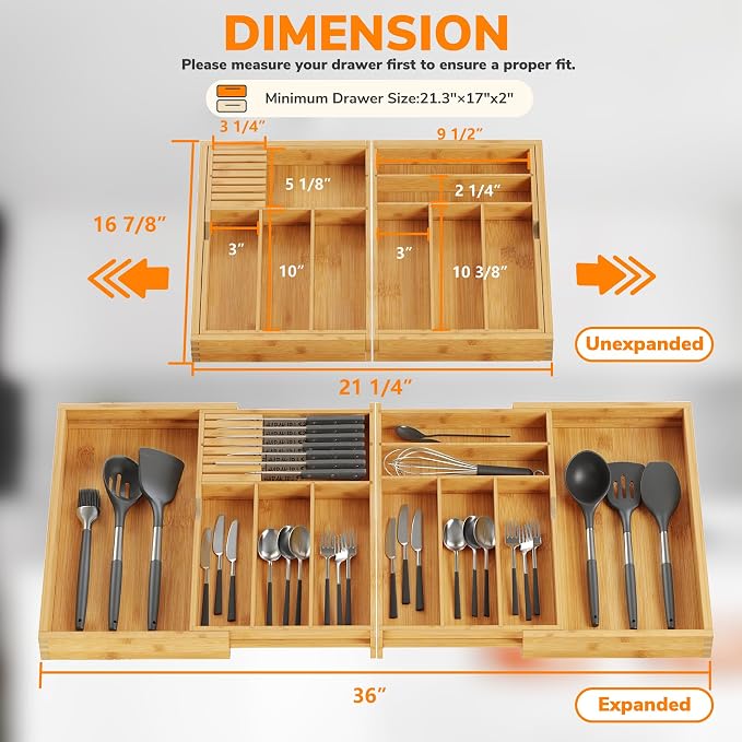 BAMEOS Expandable Silverware Drawer Organizer with Removable Knife Blocks, Bamboo Kitchen Utensil Holder from 21" to 36", Large Cutlery Tray with Divider for Forks, Spoons, Knives - Image 2
