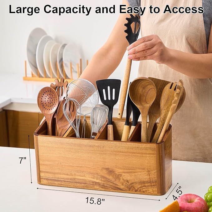 Wooden Utensil Holder for Kitchen Counter, Acacia Wood Kitchen Utensil Holder for Countertop with 4 Compartment, Cooking Utensil Organizer, Silverware Caddy (Acacia Wood, 4Compartment) - Image 2