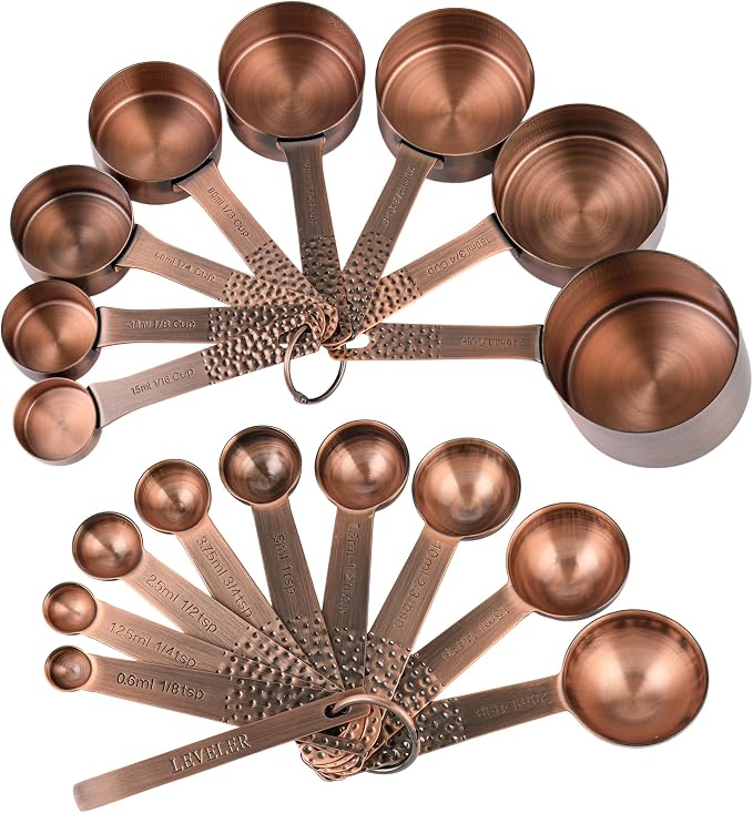 Copper Measuring Cups and Spoons Set 20 for Kitchen & Baking, Metric & US Stainless Steel Measuring Cups and Spoons with Leveler for Dry & Liquid, 8 Copper Plated Measure Cup & 9 Spoon - Image 2