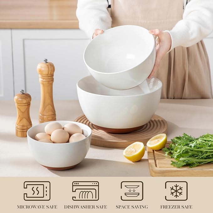 MALACASA Ceramic Mixing Bowls, Large Serving Bowls for Mixing, Cooking, Prepping, Baking, Salad, Soup, Pasta, Nesting Bowls Set of 3, 46/80/140 Oz, Oven, Microwave and Dishwasher Safe, Series TARA - Image 4