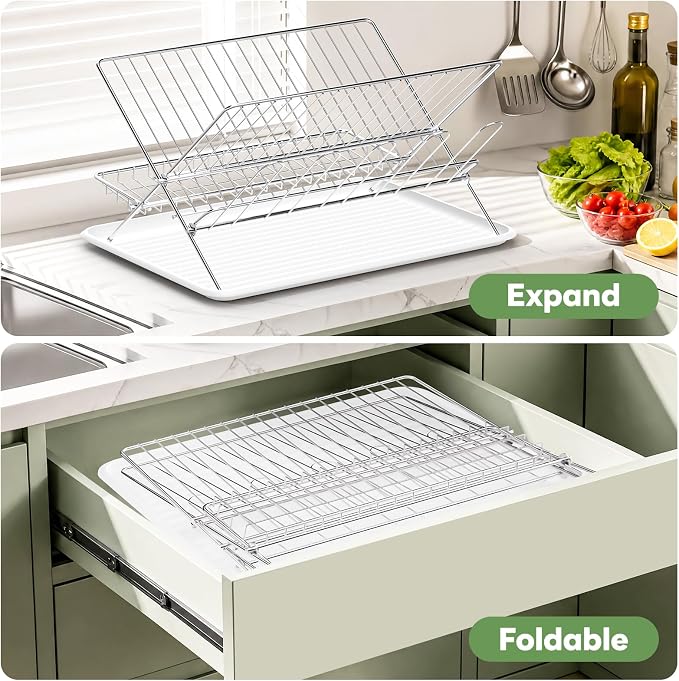 Dish Rack with Drip Tray, Stainless Steel 3-Tier Collapsible Drainer Dish Drying Rack for Kitchen Counter, Sink, Countertop,Cutlery, Dishes Utensils Flatware Holder Set, Reversible Cup Draining Rack - Image 3